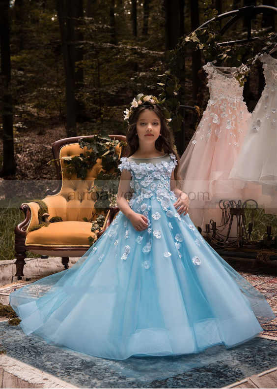 Beaded Blue Tulle 3D Flowers Keyhole Back Flower Girl Dress